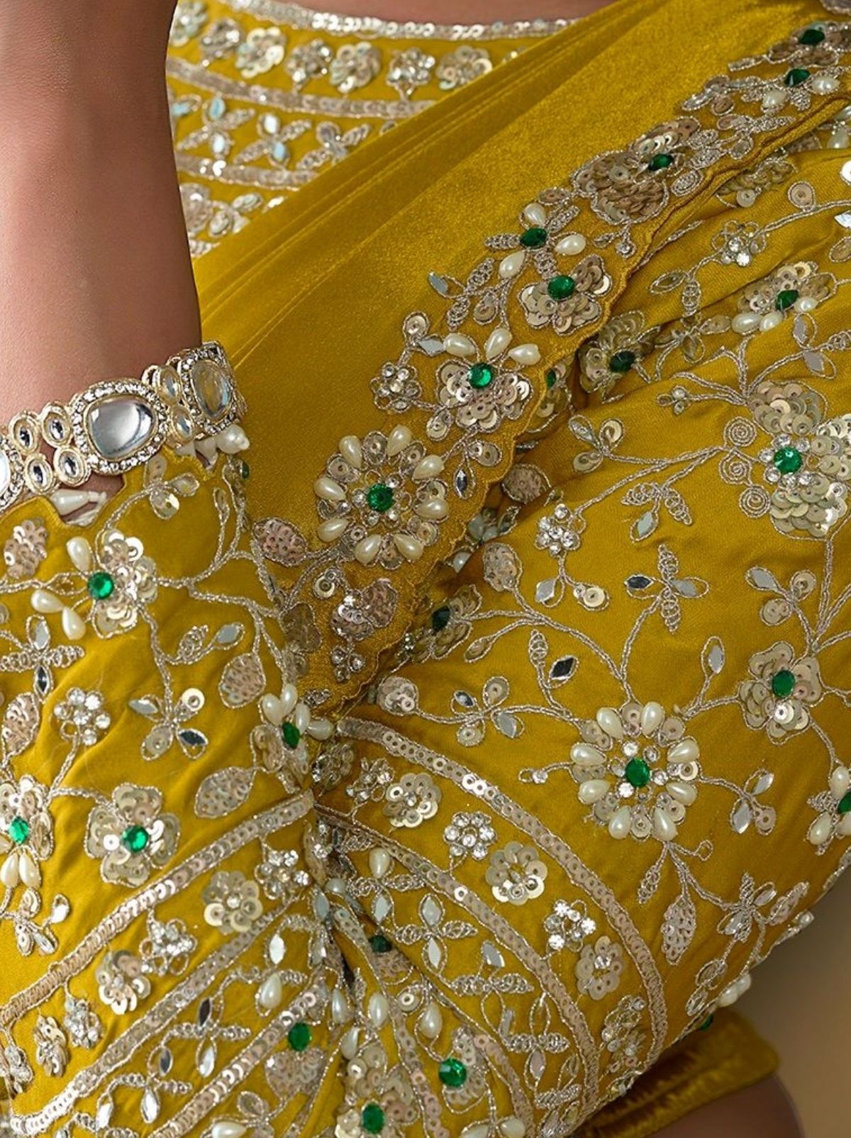 Gold Premium Satin Crepe Silk Ready to Wear Saree with Belt