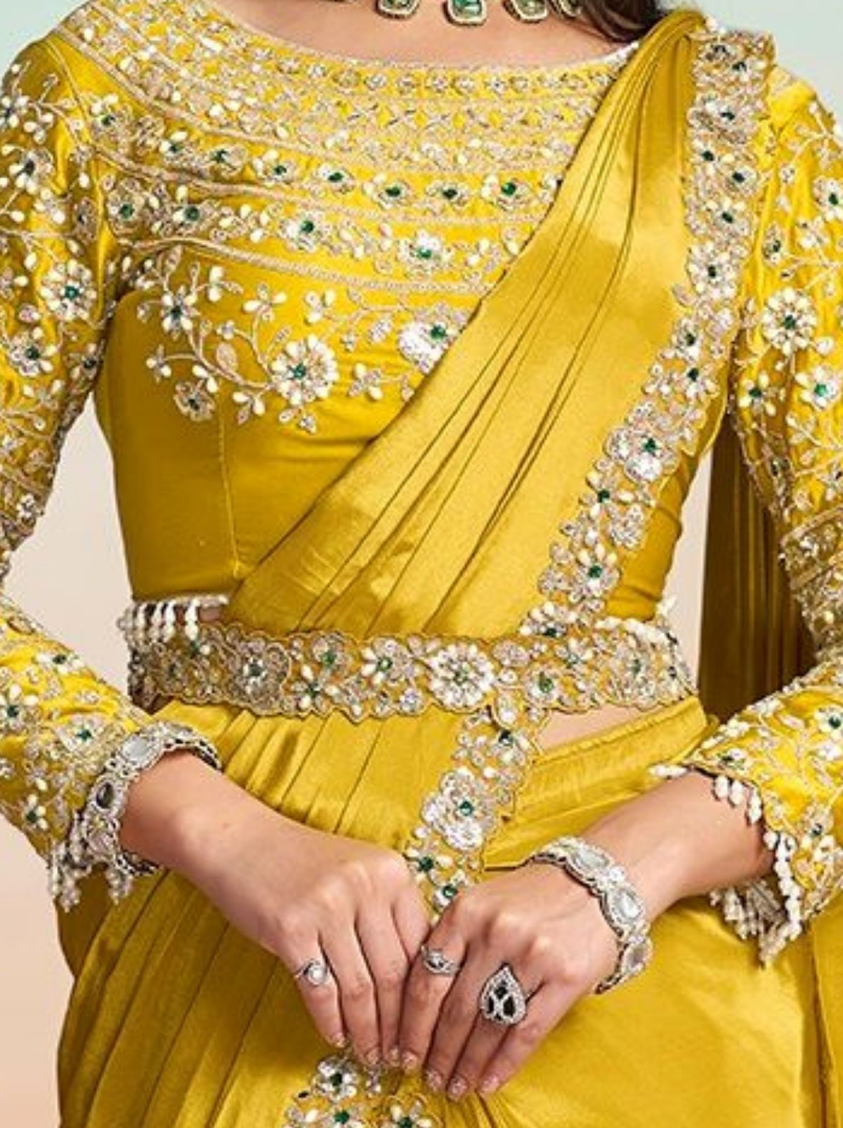 Gold Premium Satin Crepe Silk Ready to Wear Saree with Belt