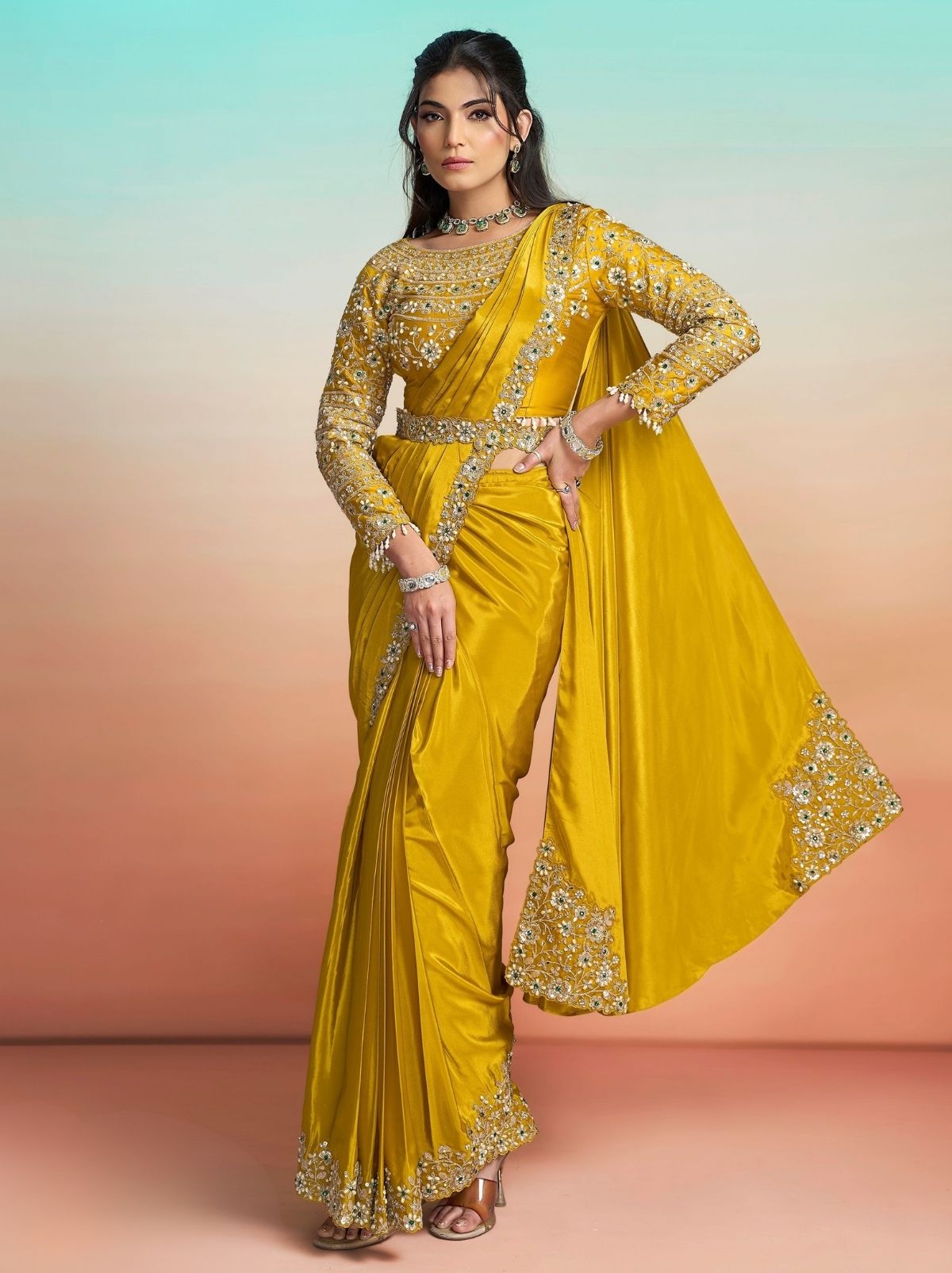 Gold Premium Satin Crepe Silk Ready to Wear Saree with Belt
