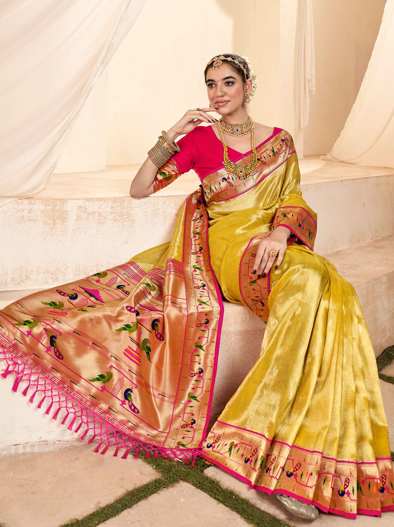 Gold Yellow Paithani Silk Blended Saree - TrendOye