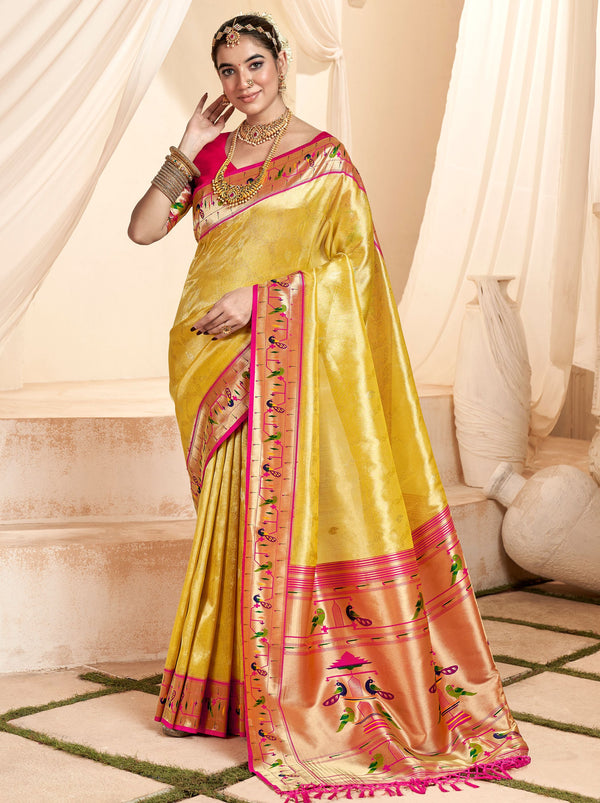 Gold Yellow Paithani Silk Blended Saree - TrendOye