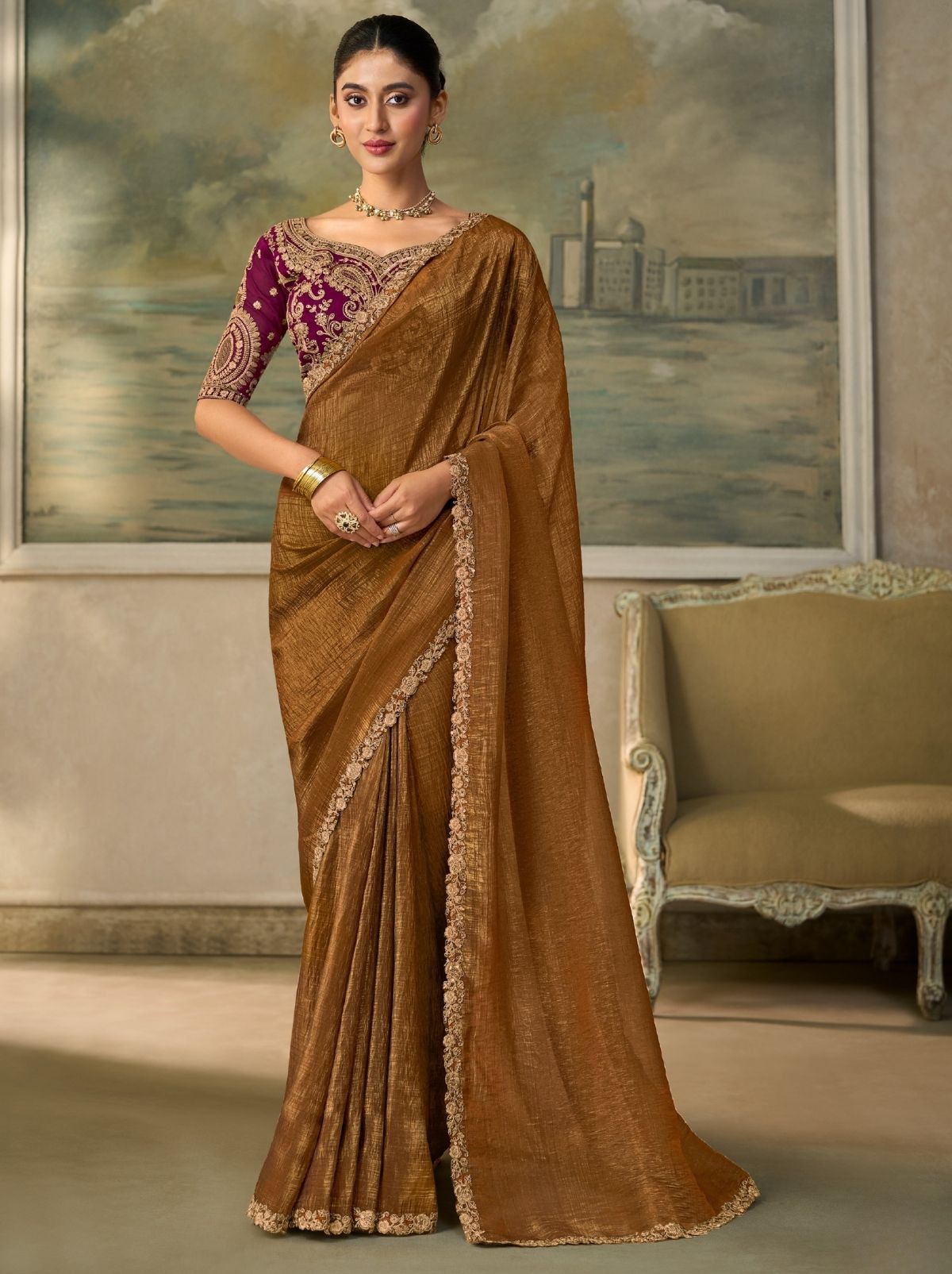 Bronze Brown Couture Sequin Saree with Zari Artistry