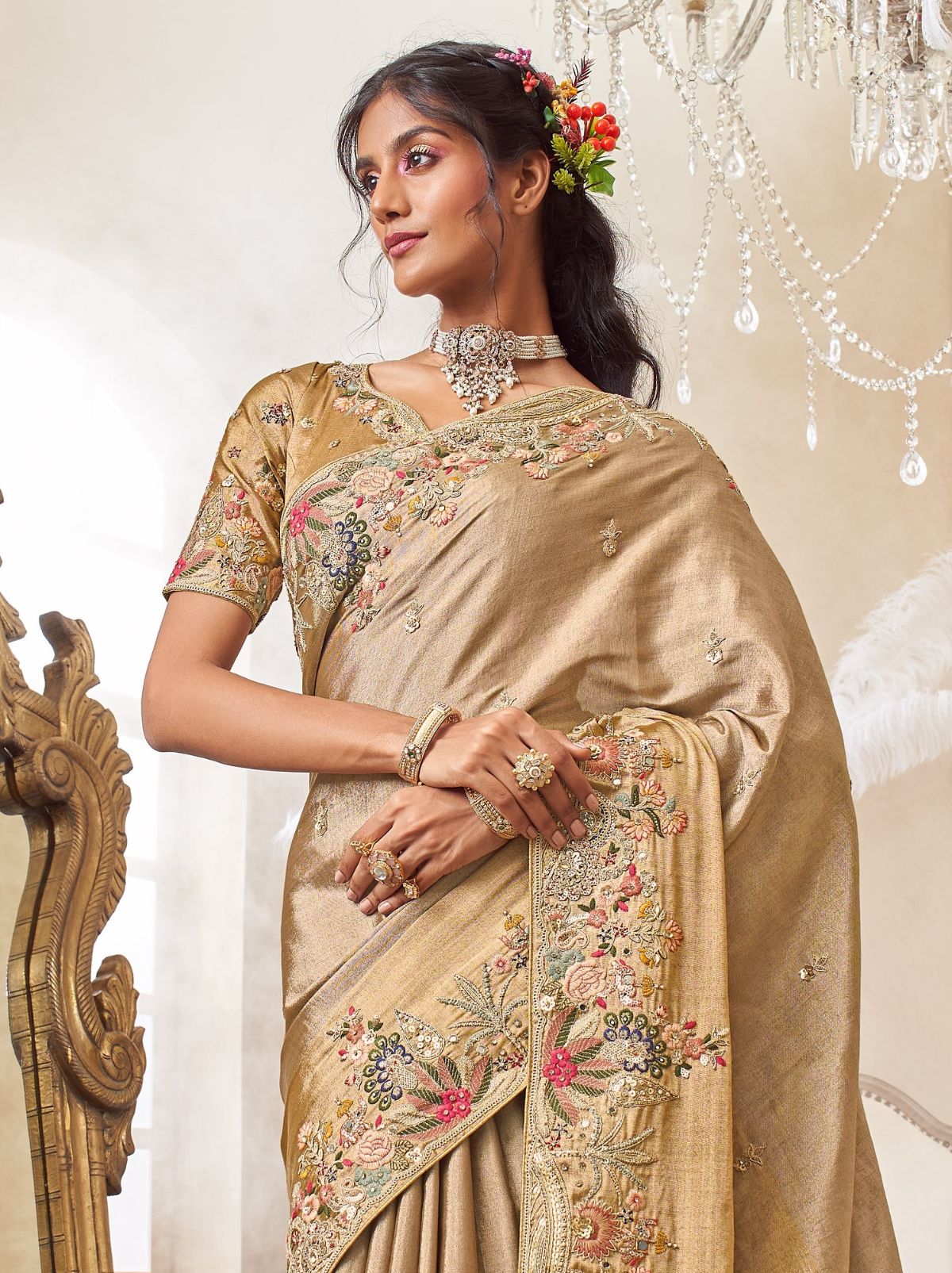 Golden Designer Luxury Fine Silk Saree With Heavy Work