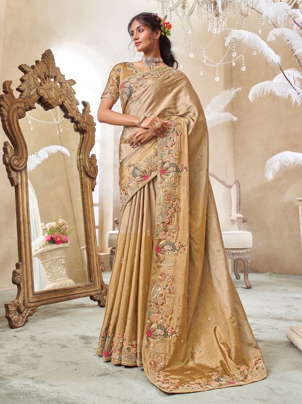 Golden Designer Luxury Fine Silk Saree With Heavy Work