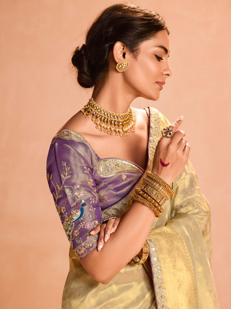 Golden Zari Tissue Silk Wedding Party Saree