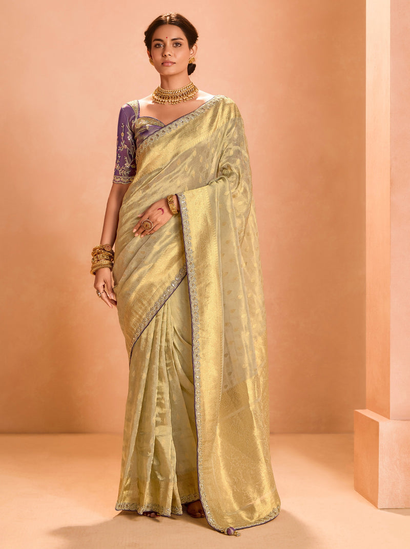 Golden Zari Tissue Silk Wedding Party Saree