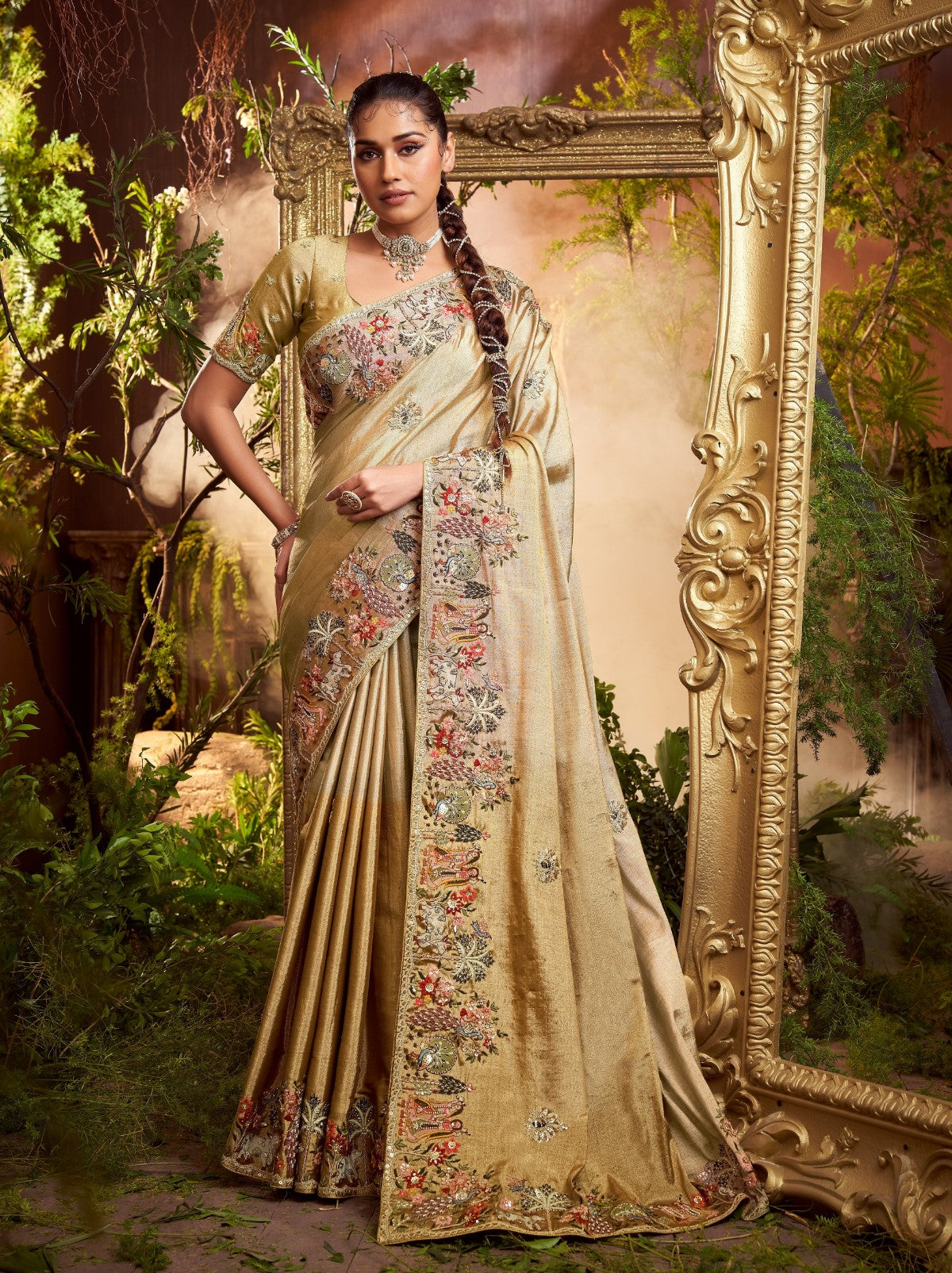 Golden Designer Silk Blend Saree With Crystal Work