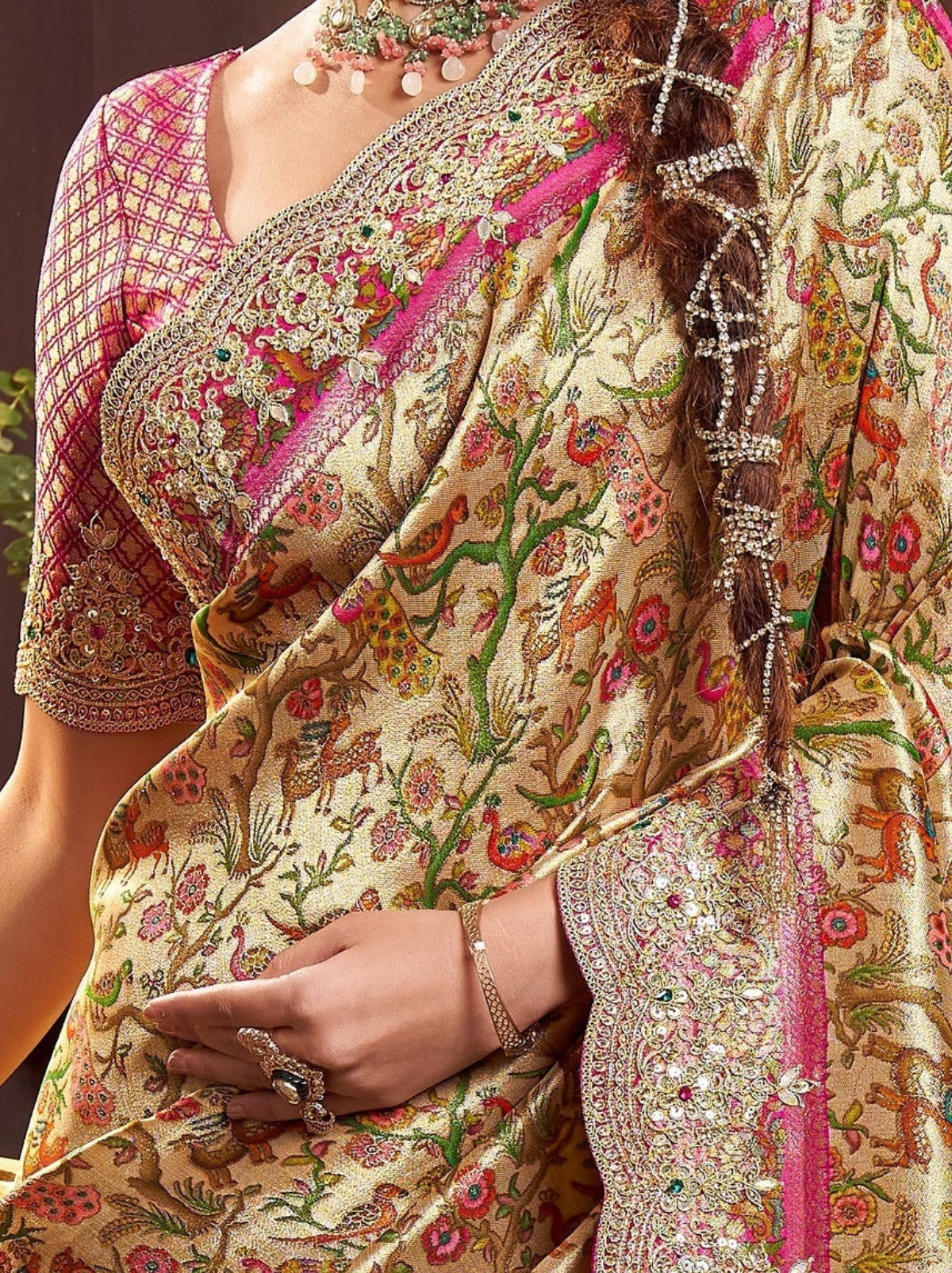 Golden Designer Silk Blend Saree With Crystal Work