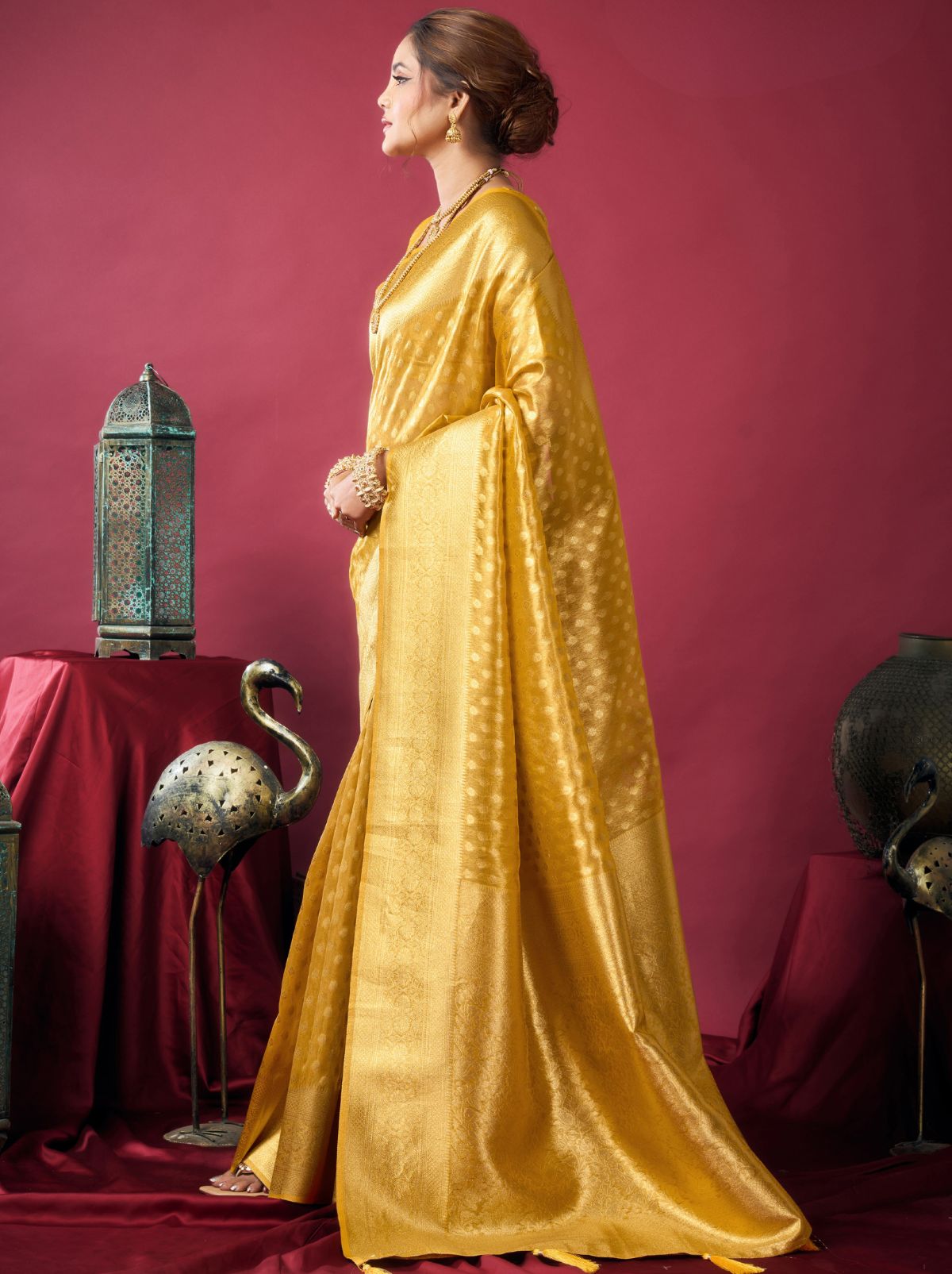Golden Designer Tissue Silk Saree with Tassel Border