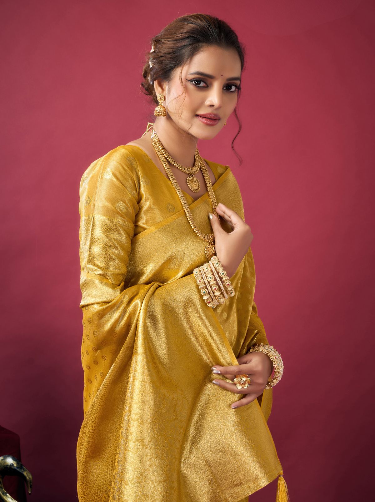 Golden Designer Tissue Silk Saree with Tassel Border