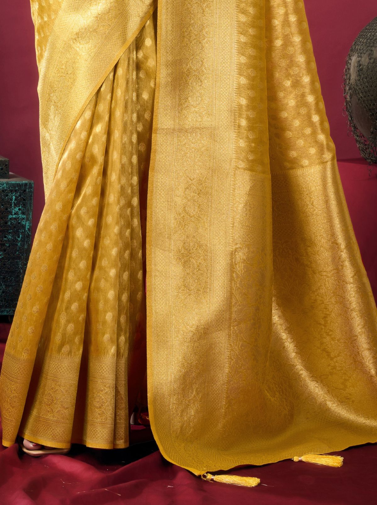 Golden Designer Tissue Silk Saree with Tassel Border
