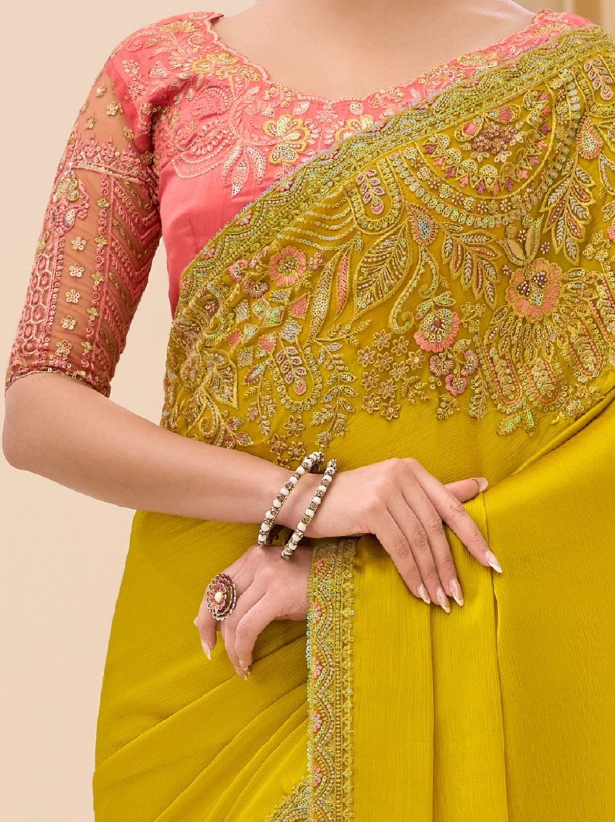 Golden Designer Wedding saree With Blouse Piece - TrendOye
