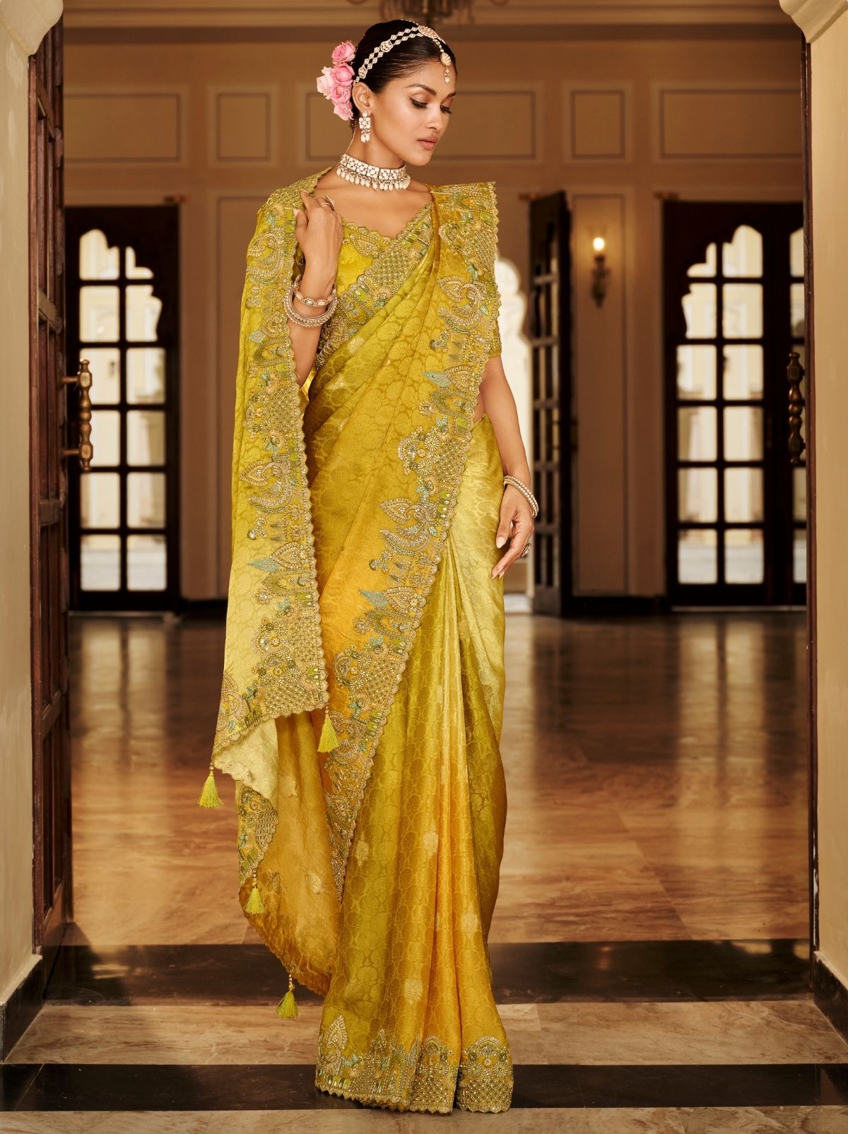 Golden Elegant Designer Wedding Wear Saree With Blouse Piece - TrendOye
