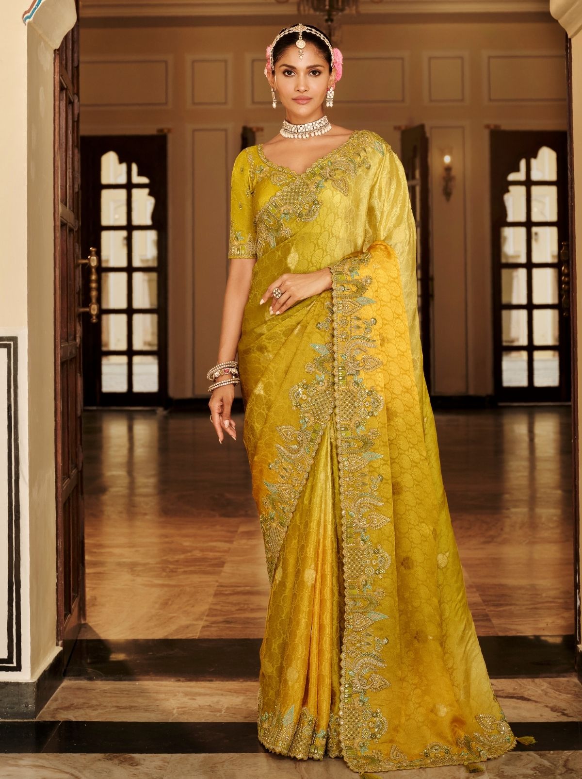 Golden Elegant Designer Wedding Wear Saree With Blouse Piece - TrendOye