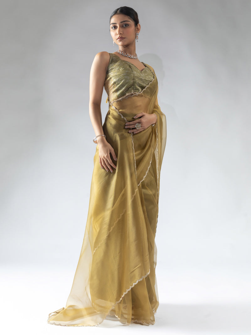 Bronze Gold Fancy Ready to Wear Organza Saree With Stone Work Border