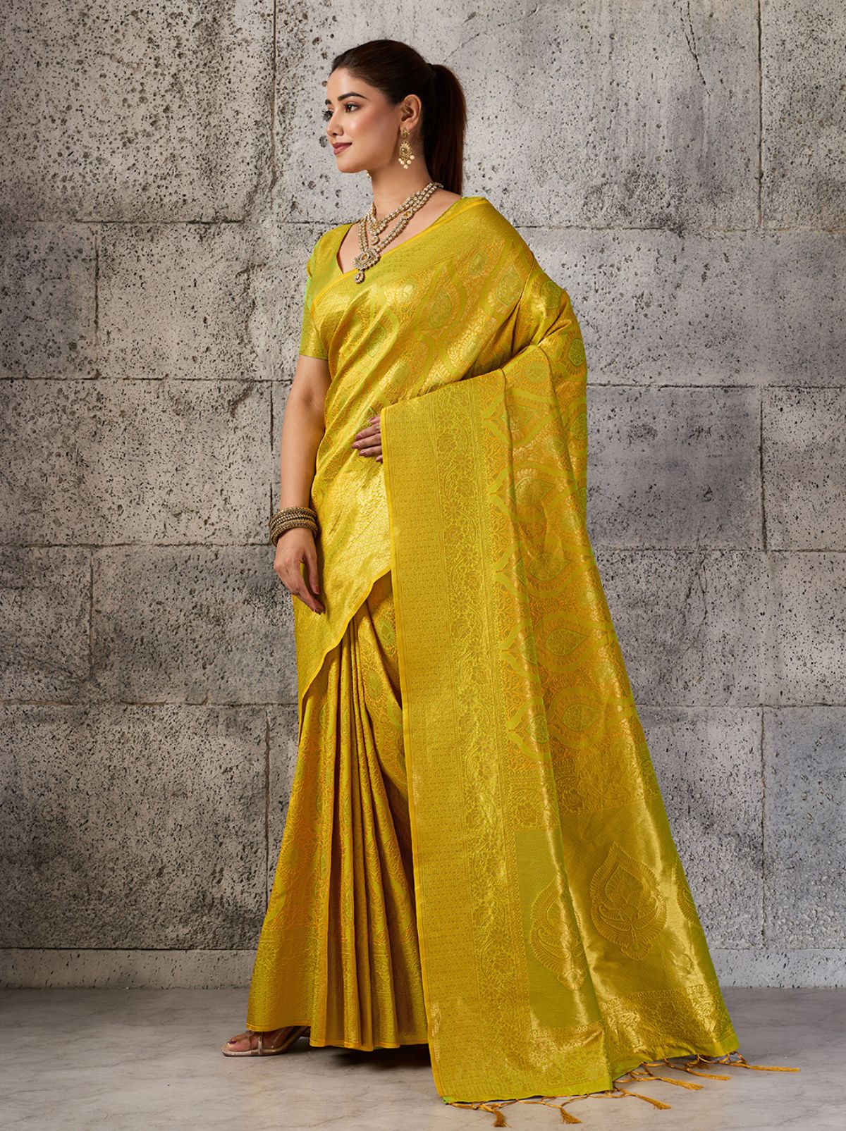 Golden Yellow Kanjivaram Silk Saree with Intricate Gold Zari
