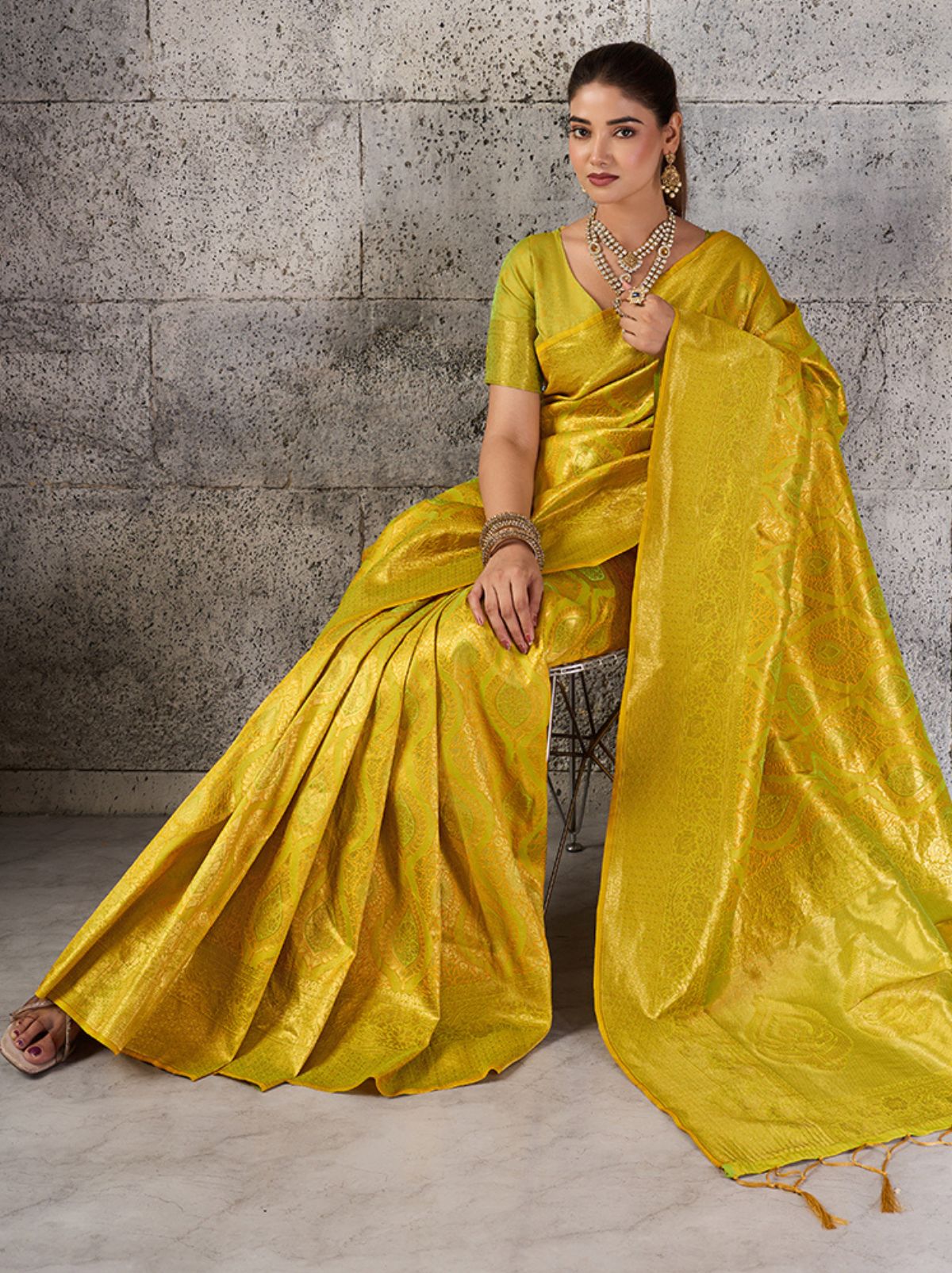 Golden Yellow Kanjivaram Silk Saree with Intricate Gold Zari