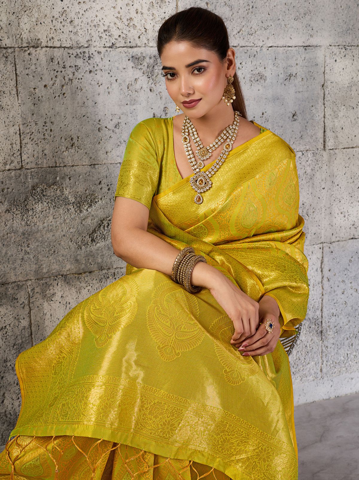 Golden Yellow Kanjivaram Silk Saree with Intricate Gold Zari