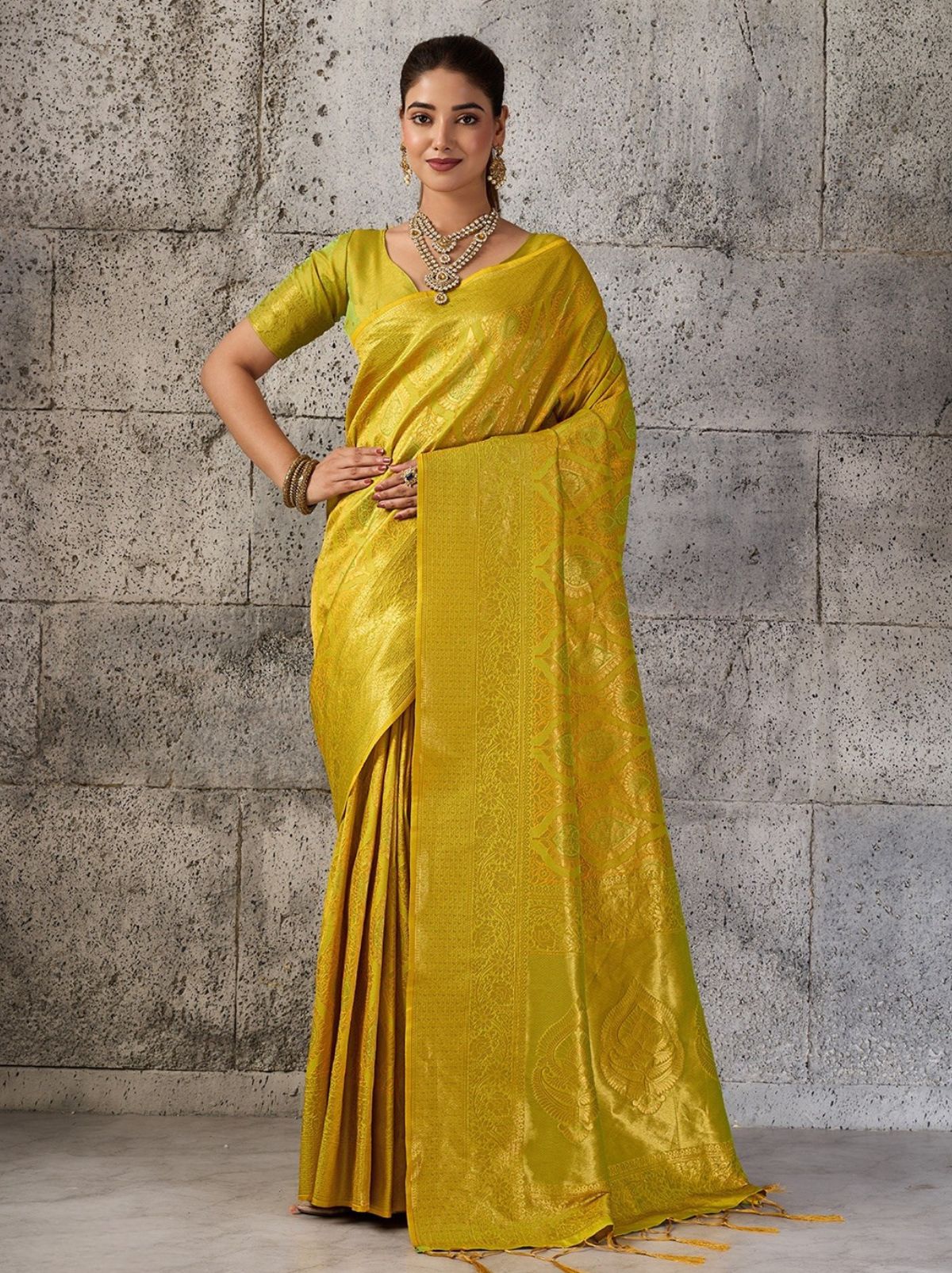 Golden Yellow Kanjivaram Silk Saree with Intricate Gold Zari