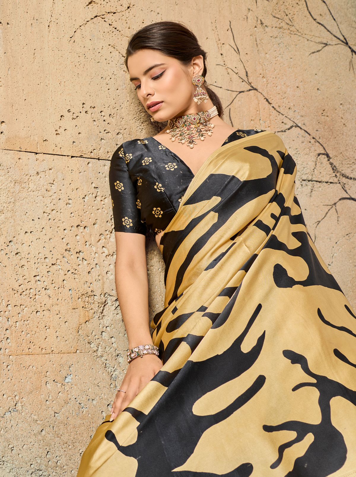 Golden Premium Modal Satin Silk Saree With Blouse Piece