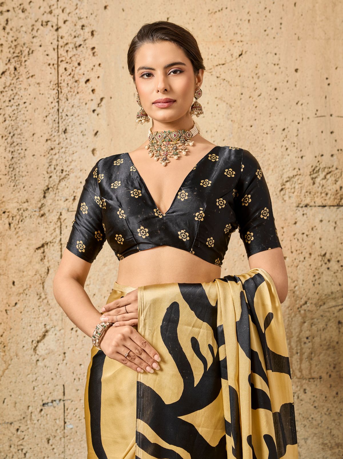 Golden Premium Modal Satin Silk Saree With Blouse Piece