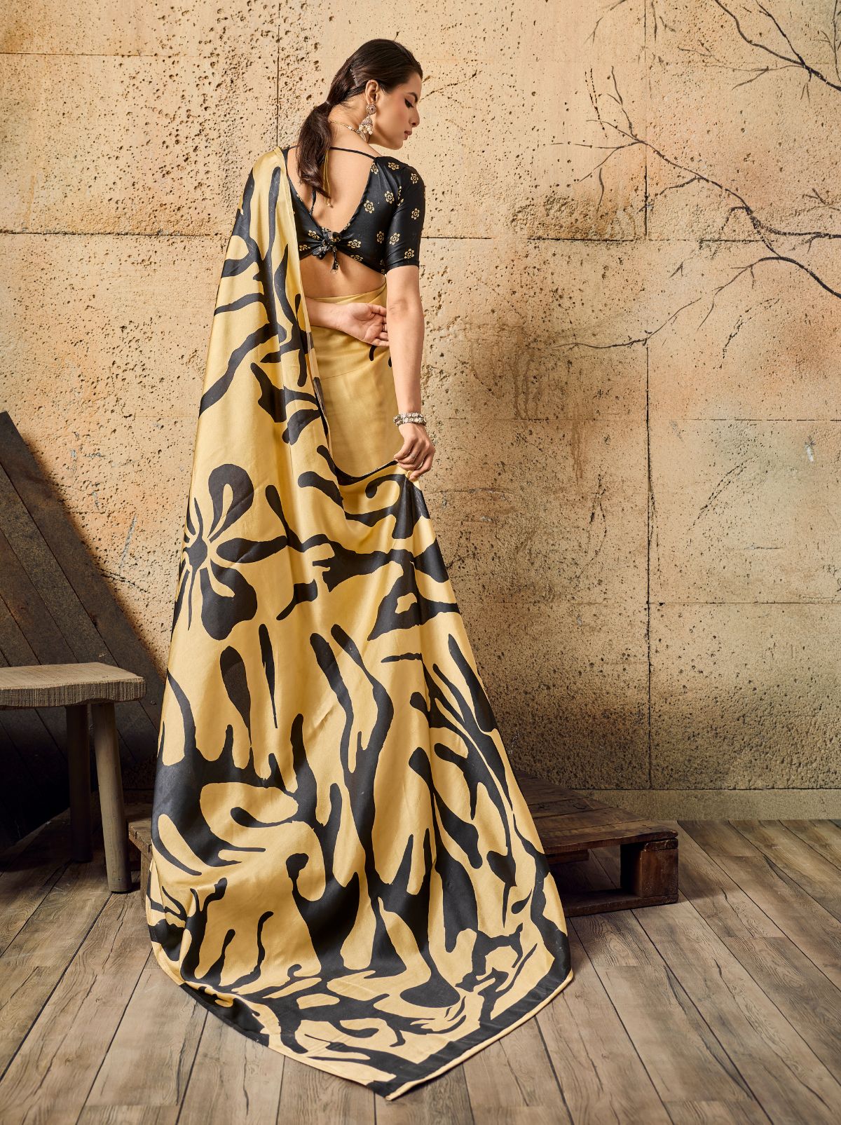 Golden Premium Modal Satin Silk Saree With Blouse Piece