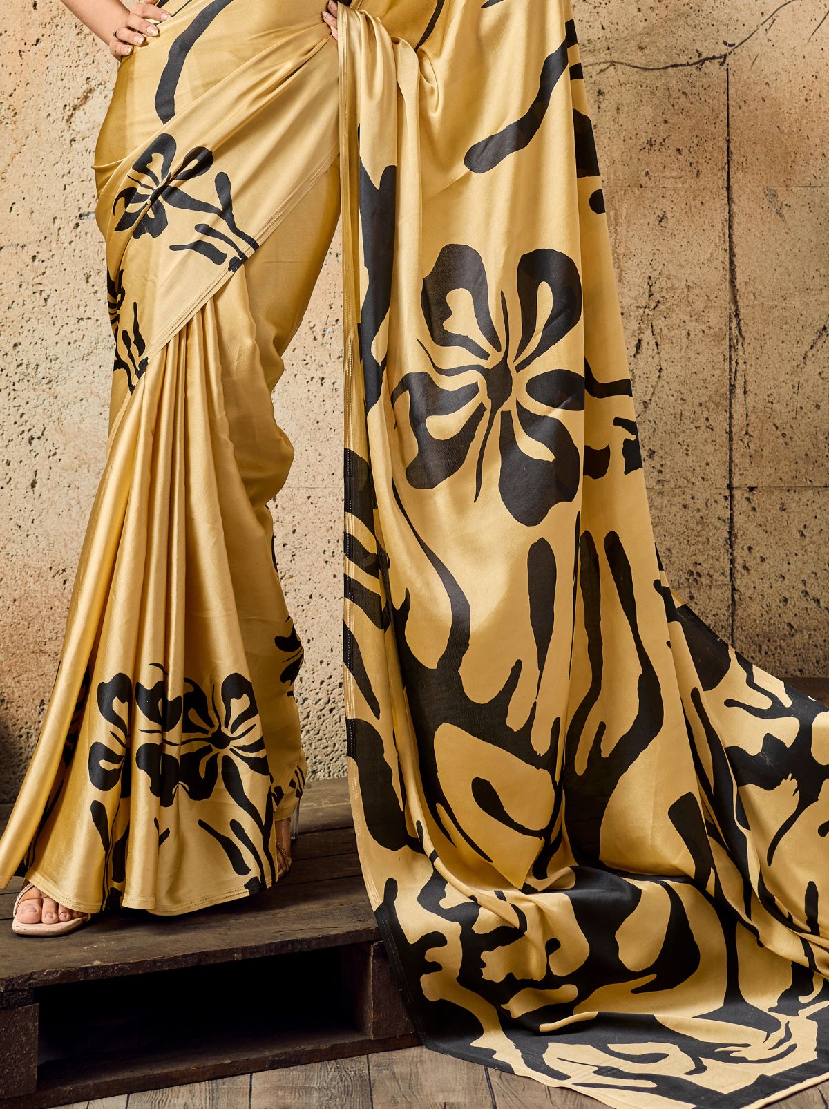 Golden Premium Modal Satin Silk Saree With Blouse Piece