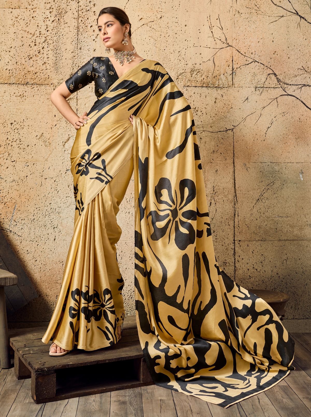Golden Premium Modal Satin Silk Saree With Blouse Piece