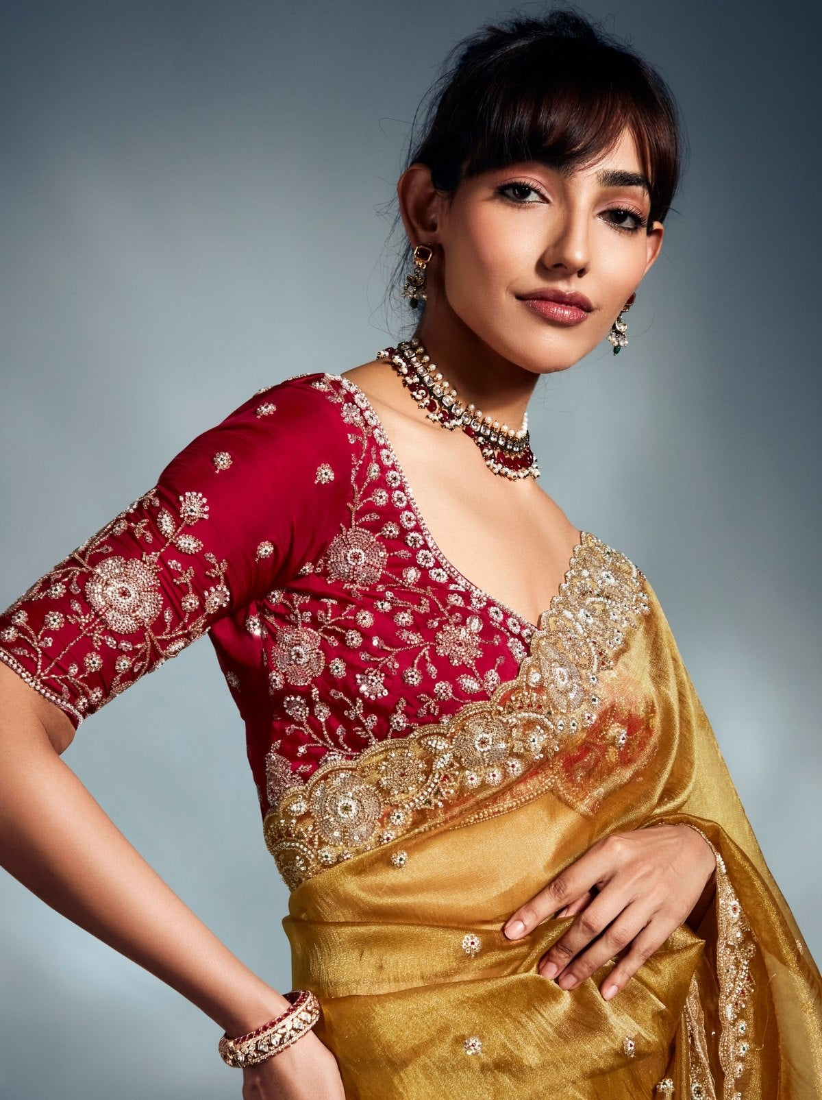 Golden Tissue Organza Wedding Saree With Blouse Piece
