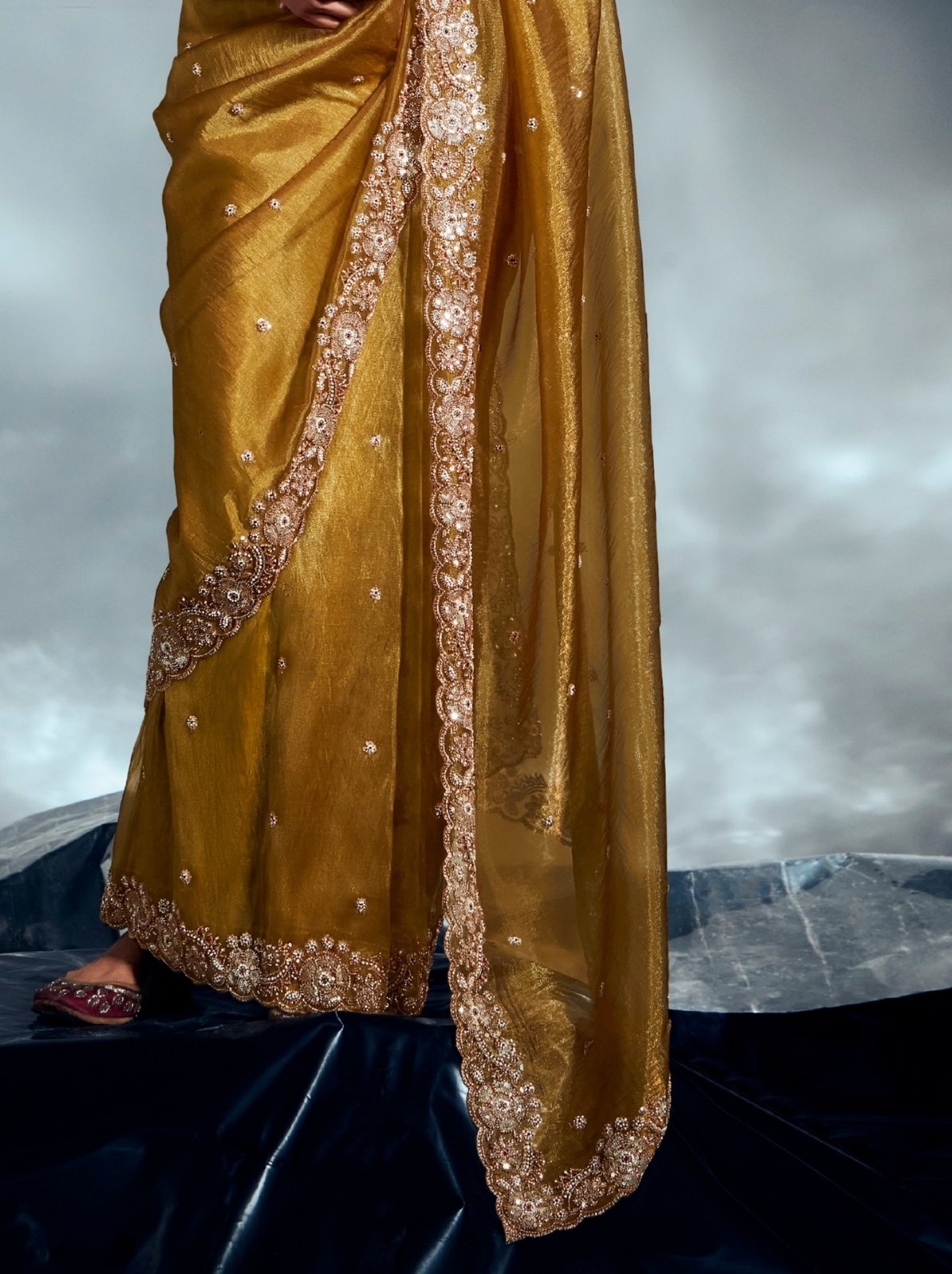 Golden Tissue Organza Wedding Saree With Blouse Piece