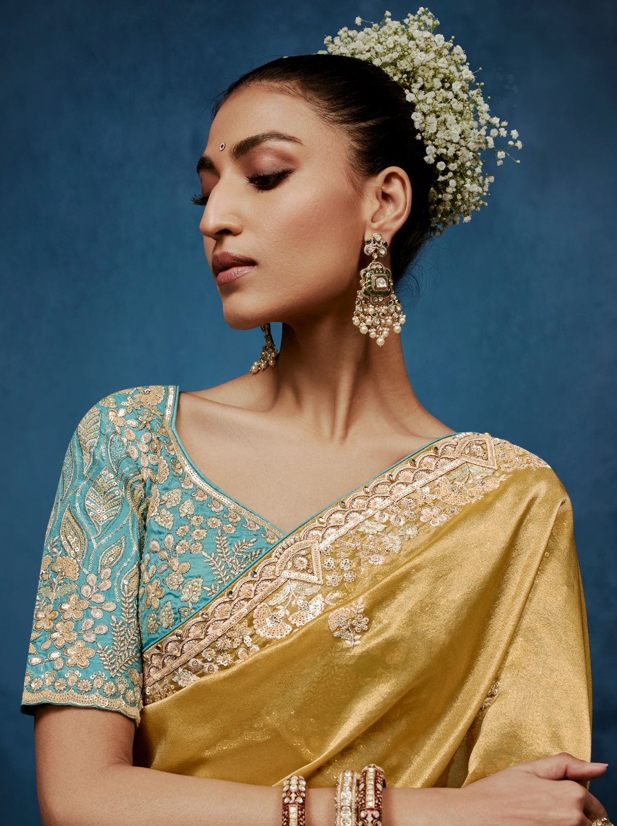 Golden Premium Sequin Embellished Designer Saree With Blouse - TrendOye