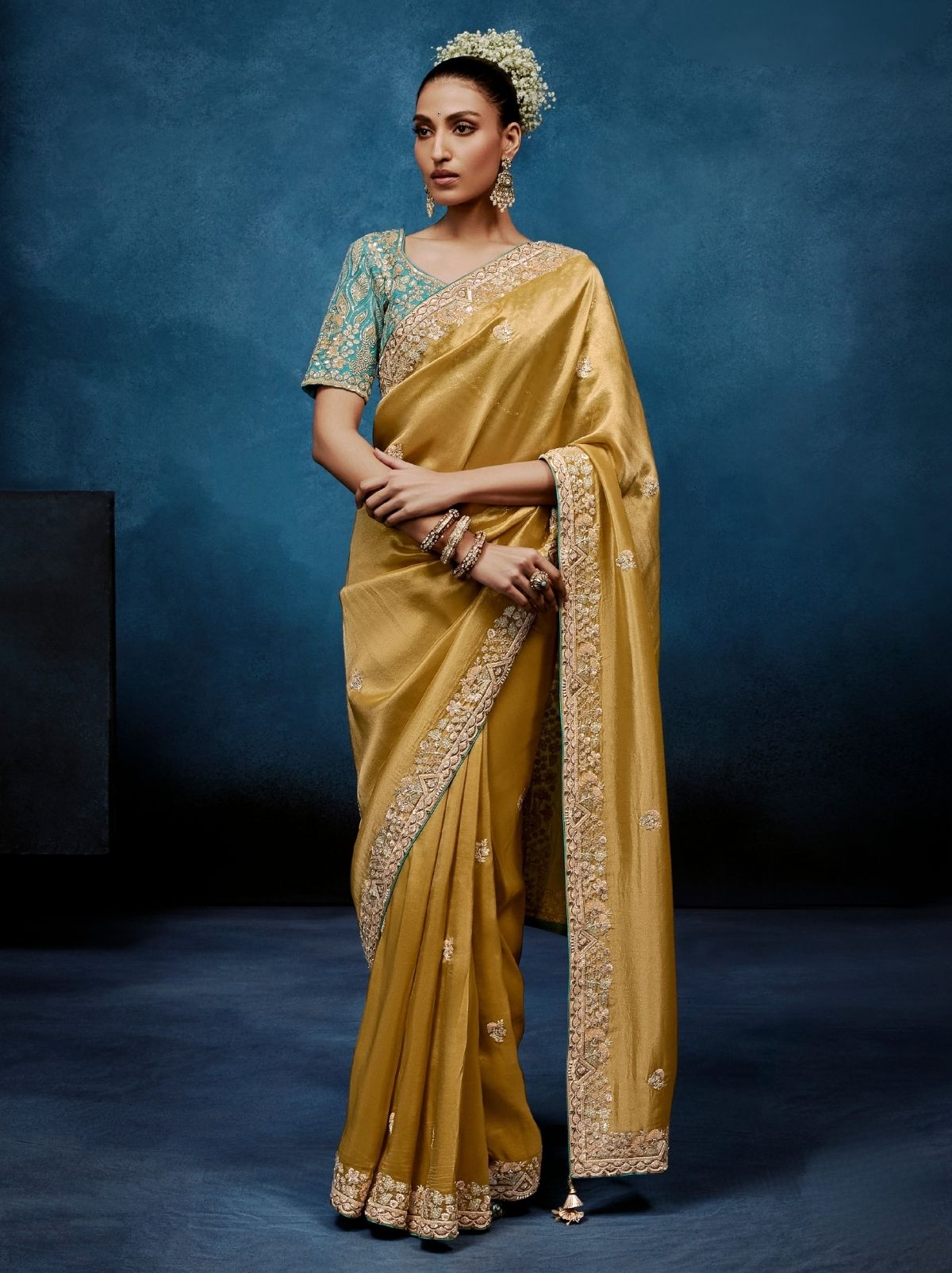 Golden Premium Sequin Embellished Designer Saree With Blouse - TrendOye