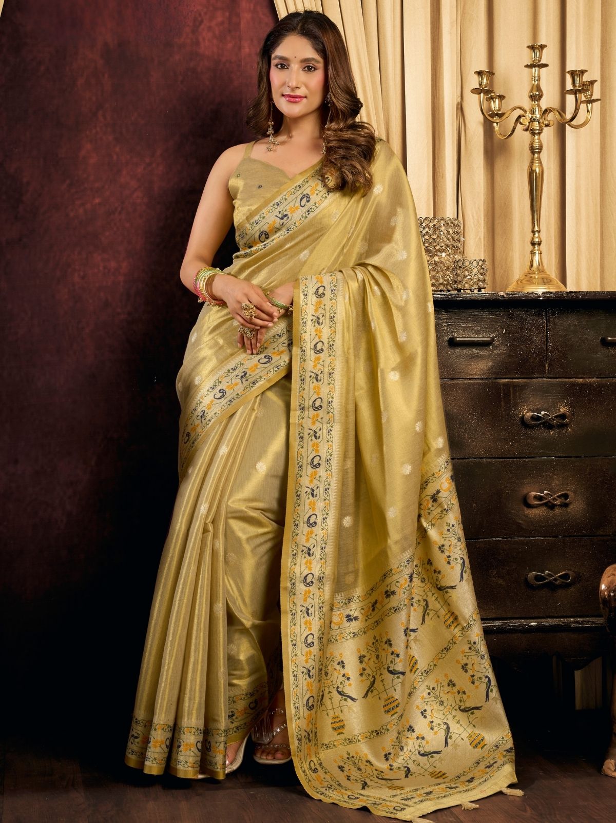 Golden Tissue Silk Saree with Soft Zari & Tassels