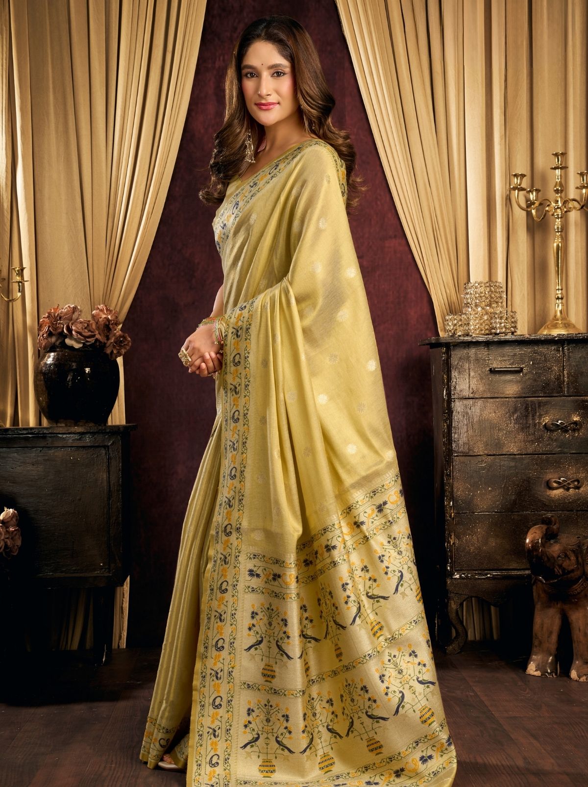 Golden Tissue Silk Saree with Soft Zari & Tassels