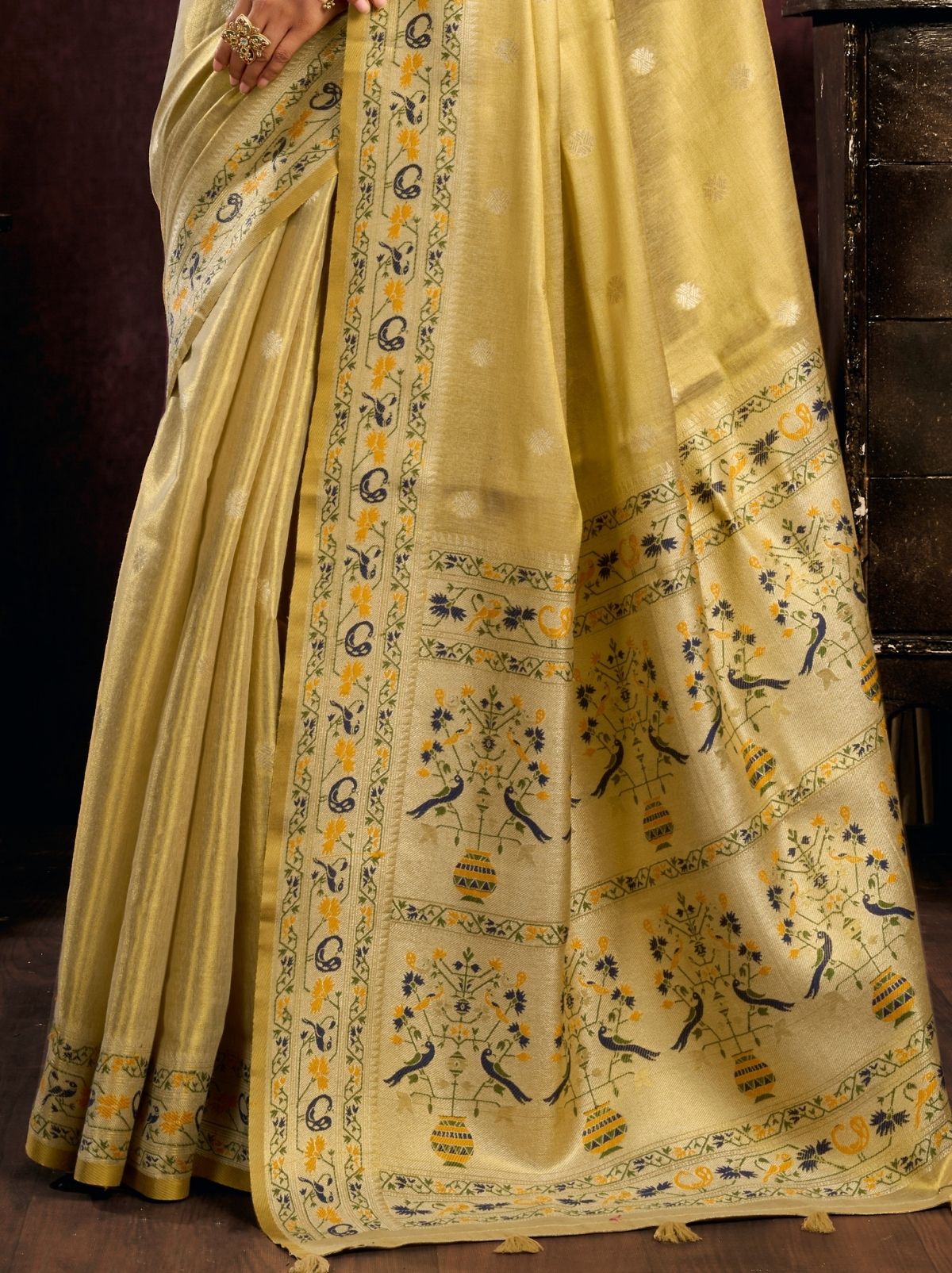 Golden Tissue Silk Saree with Soft Zari & Tassels