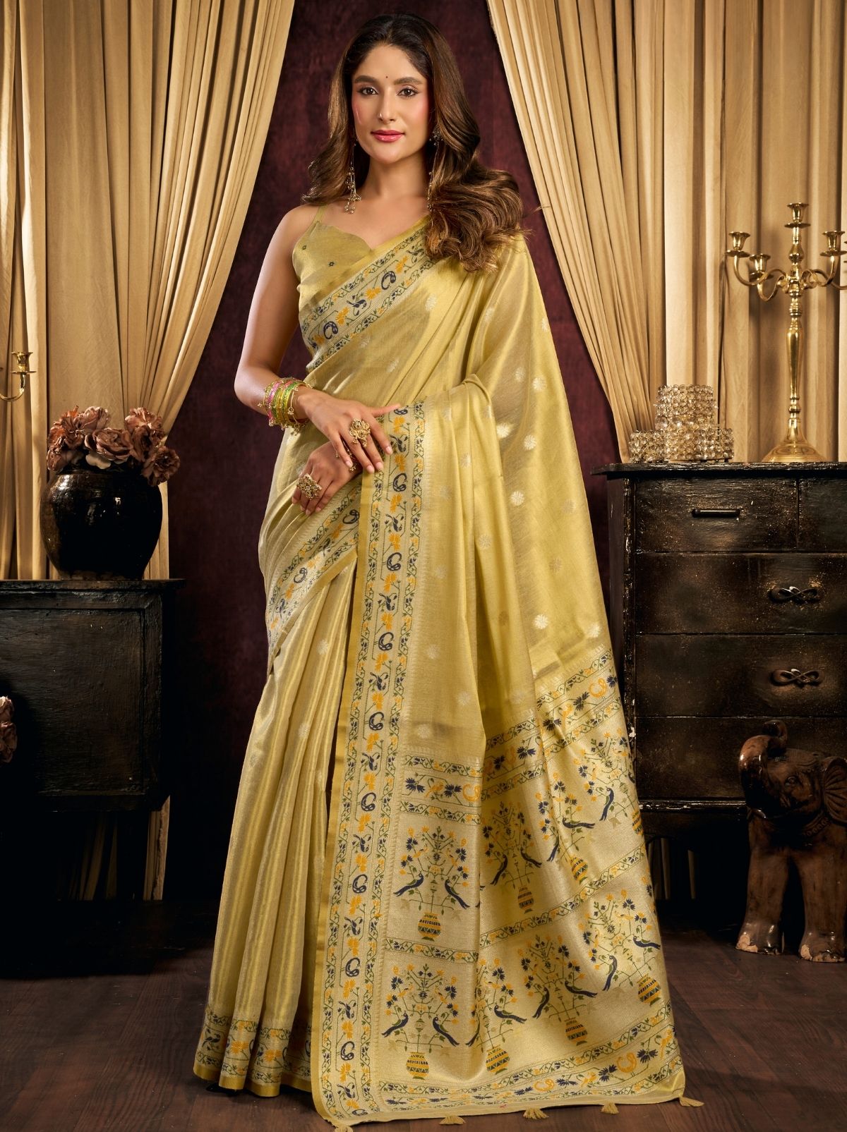 Golden Tissue Silk Saree with Soft Zari & Tassels