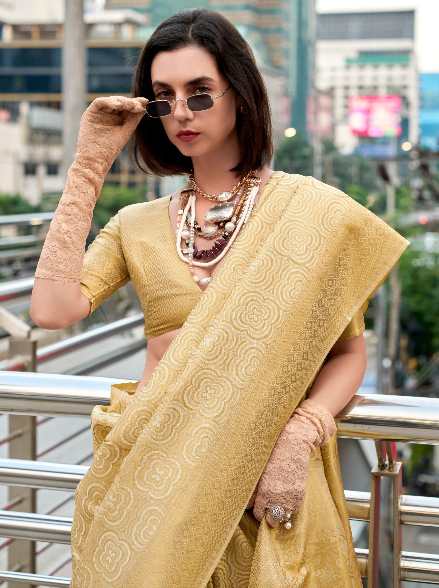 Golden Kanjivaram Festive Saree - TrendOye