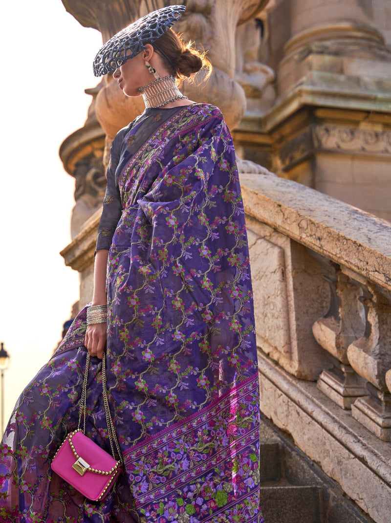 Grape Violet-Purple Premium Organza Designer Saree