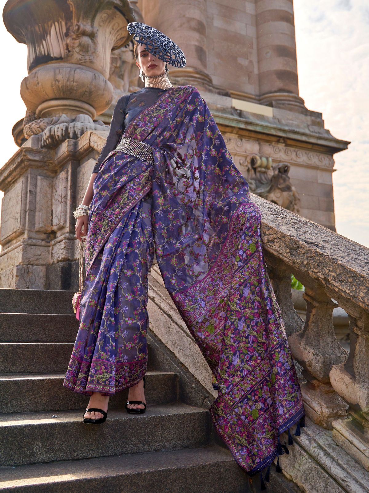 Grape Violet-Purple Premium Organza Designer Saree TrendOye
