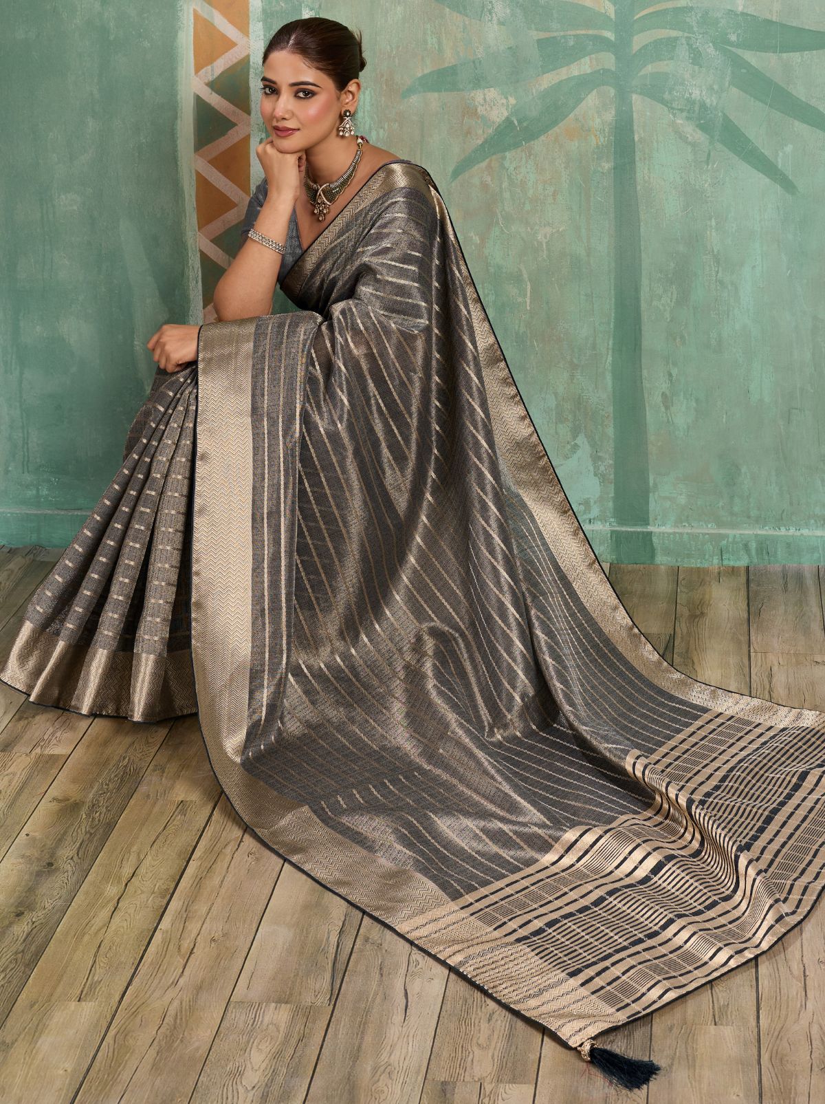Gray Cotton Tissue Saree with Soft Gold Zari Woven