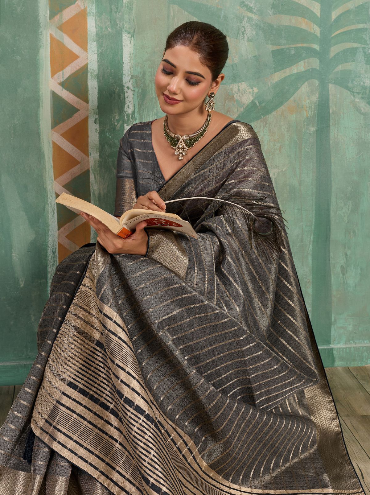 Gray Cotton Tissue Saree with Soft Gold Zari Woven