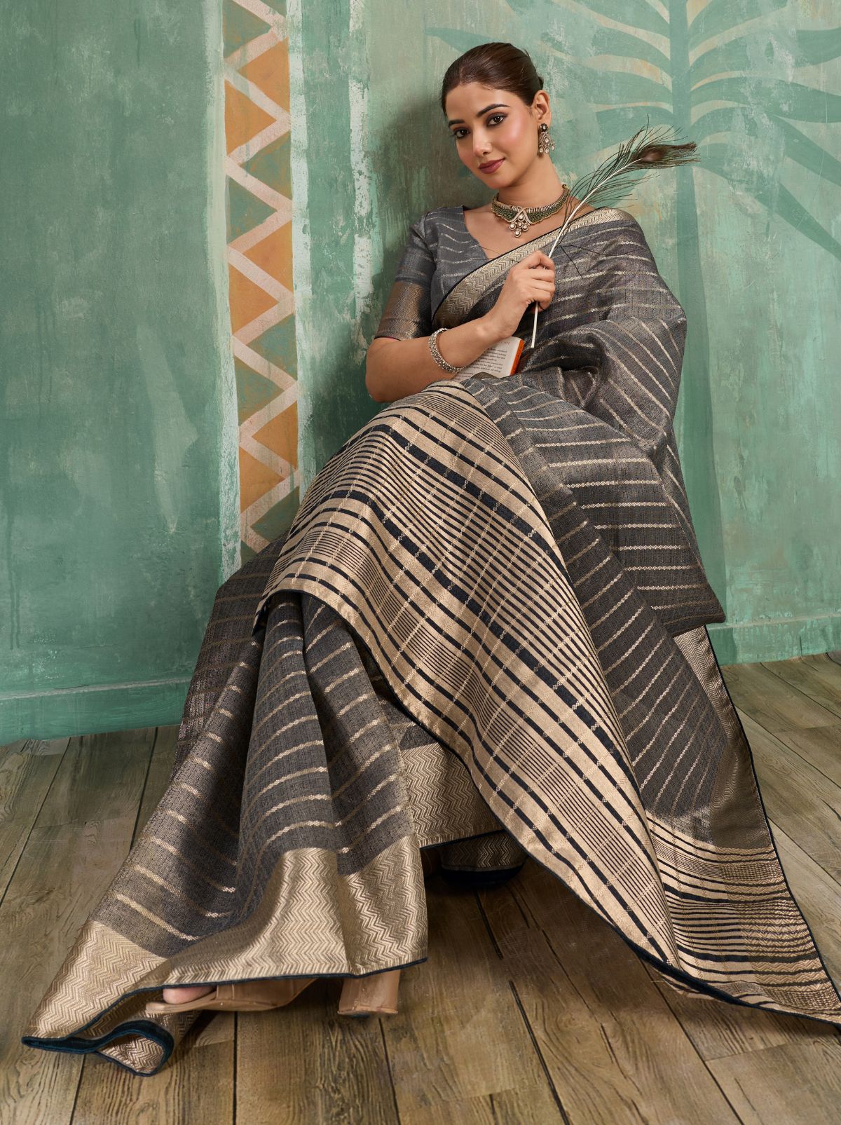 Gray Cotton Tissue Saree with Soft Gold Zari Woven