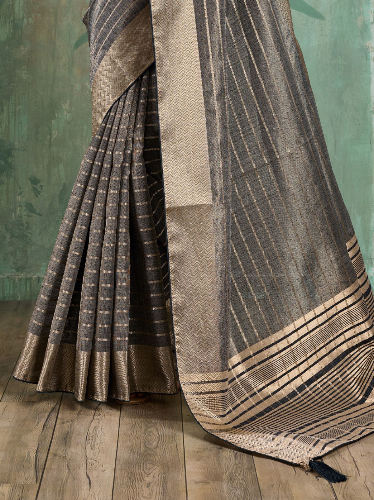 Gray Cotton Tissue Saree with Soft Gold Zari Woven