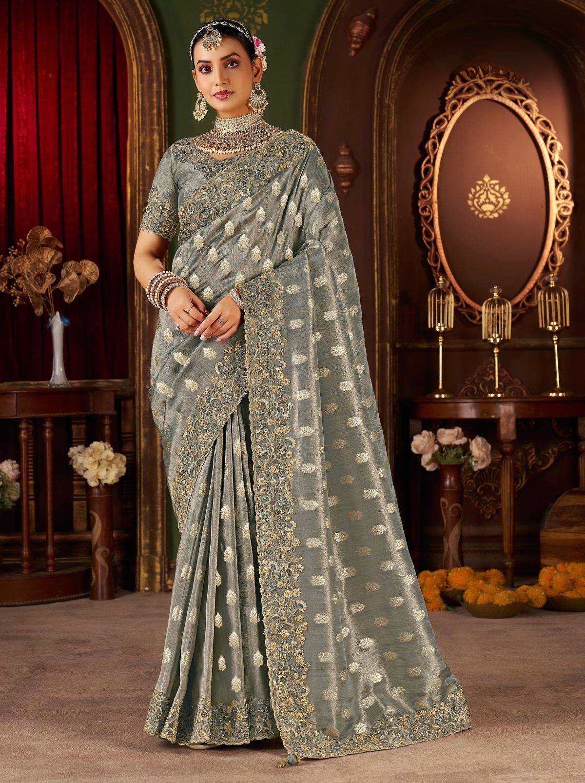 Seal Gray Designer Fancy Silk Bridal Saree With Blouse Piece