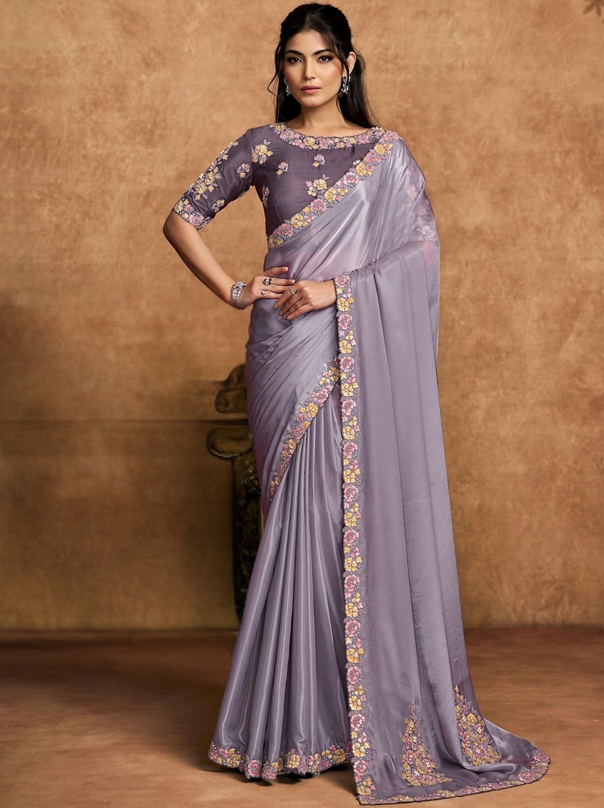 Silver Designer Party Wear Saree With Blouse Piece