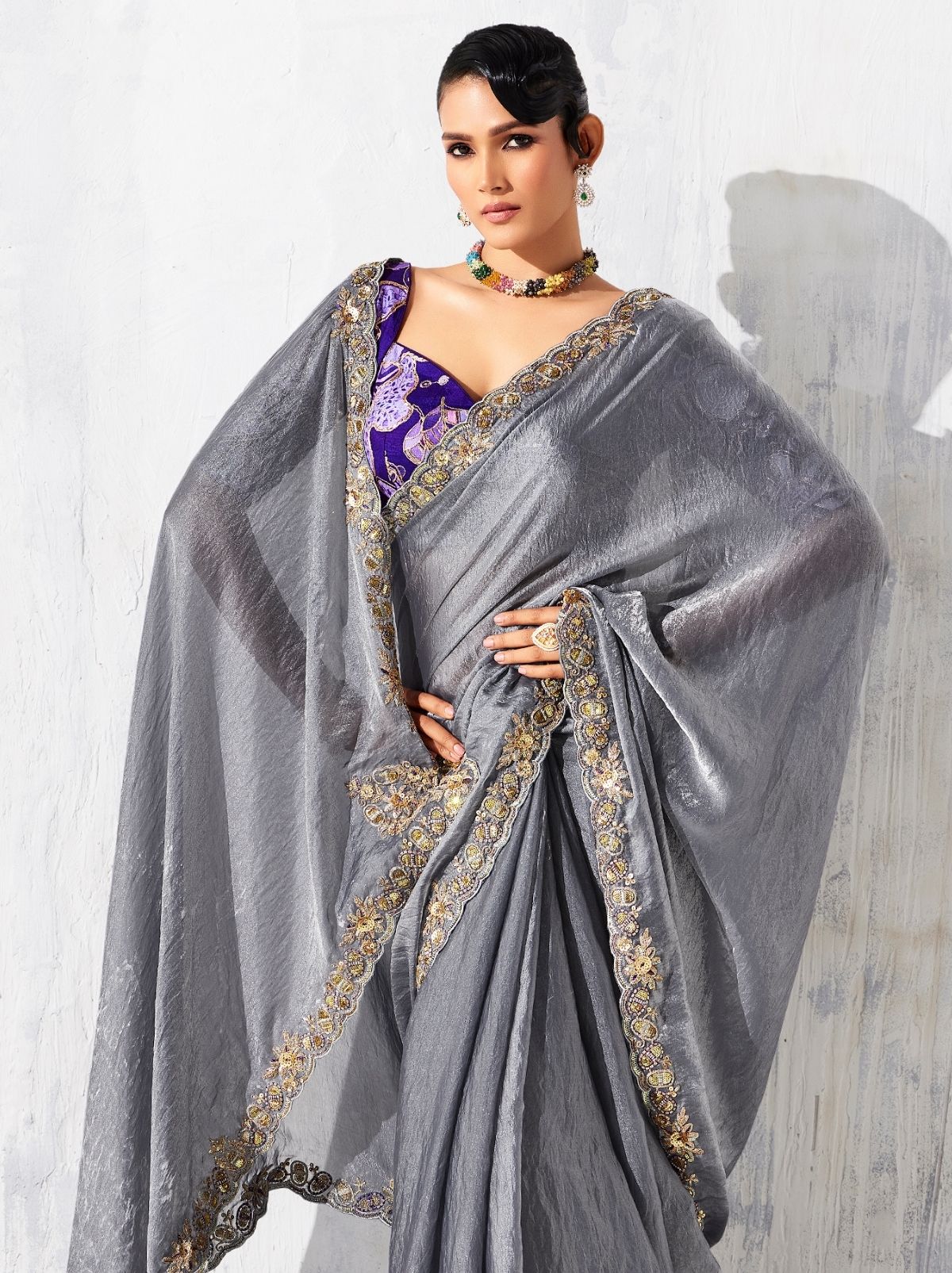 Pewter Gray Premium Fancy Silk Saree for Special Occasions