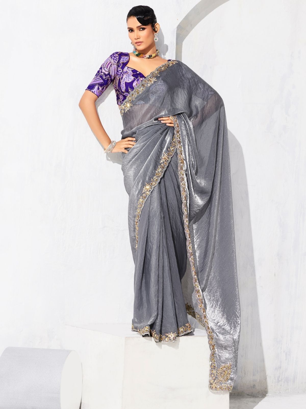 Pewter Gray Premium Fancy Silk Saree for Special Occasions