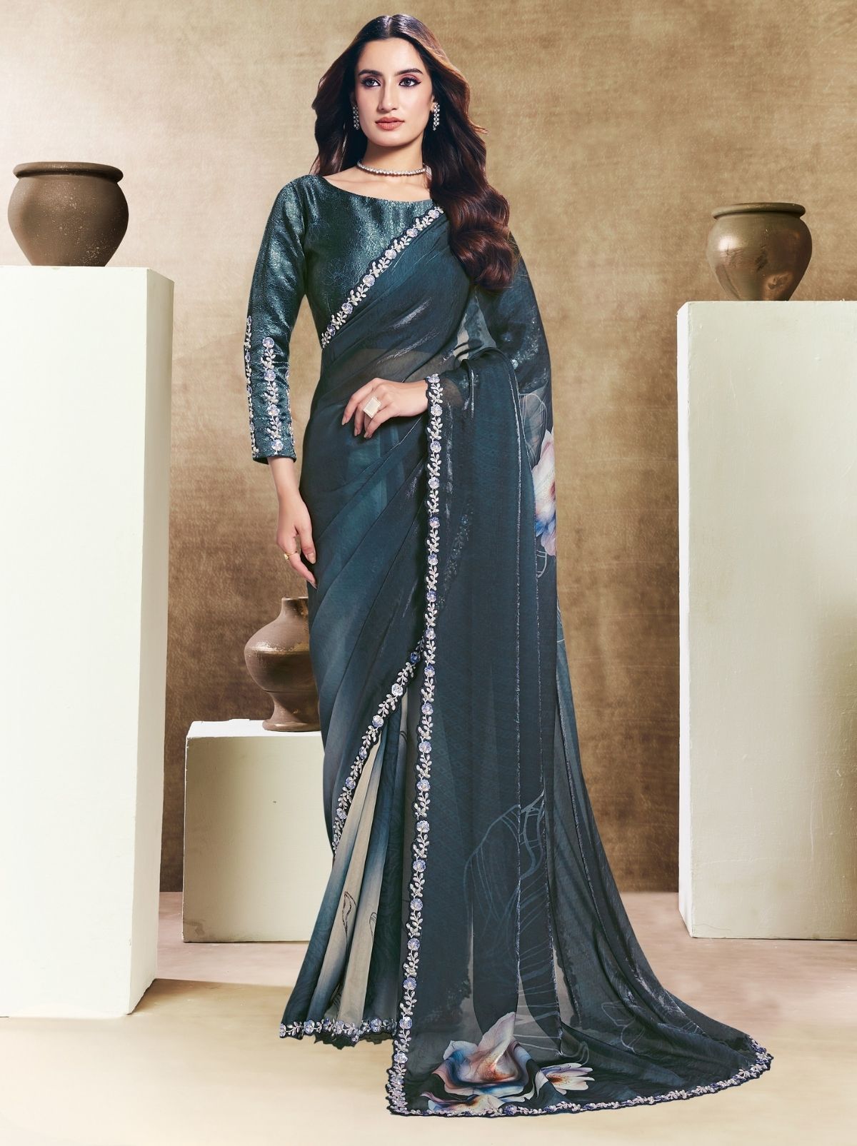 Slate Gray Premium Two Tone Satin Silk Saree WIth Blouse Piece - TrendOye