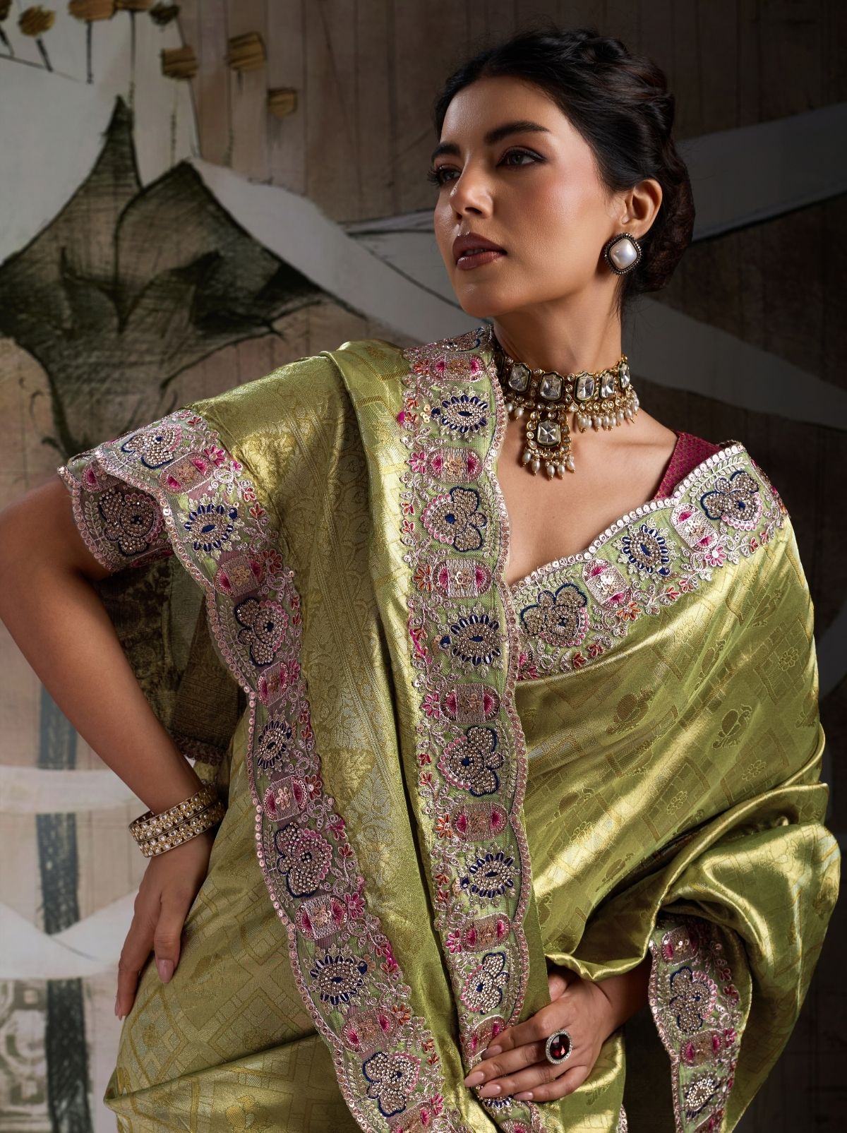 Apple Green Banarasi Silk Celebration Saree With Blouse Piece