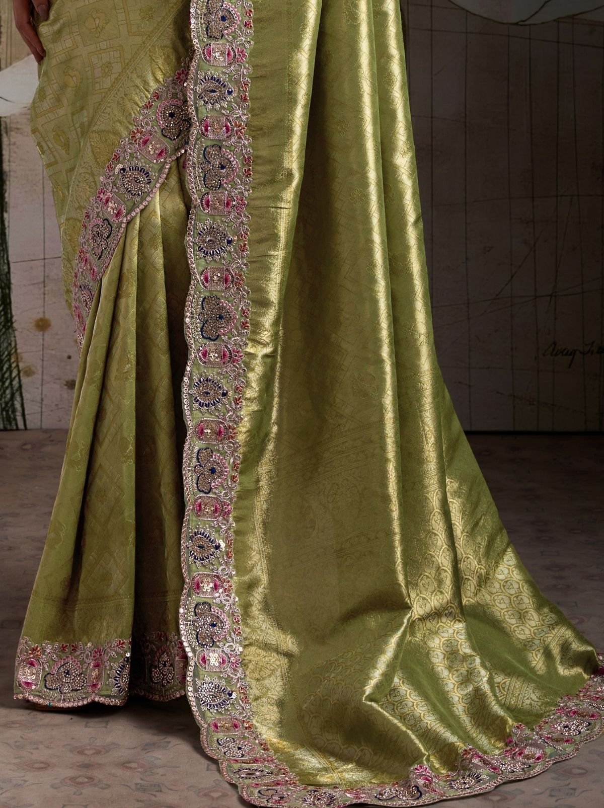 Apple Green Banarasi Silk Celebration Saree With Blouse Piece